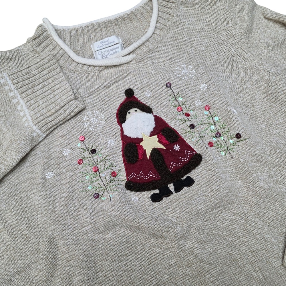 Christopher  Banks Santa Christmas Sweater Embroidered Beige Cotton Blend Medium